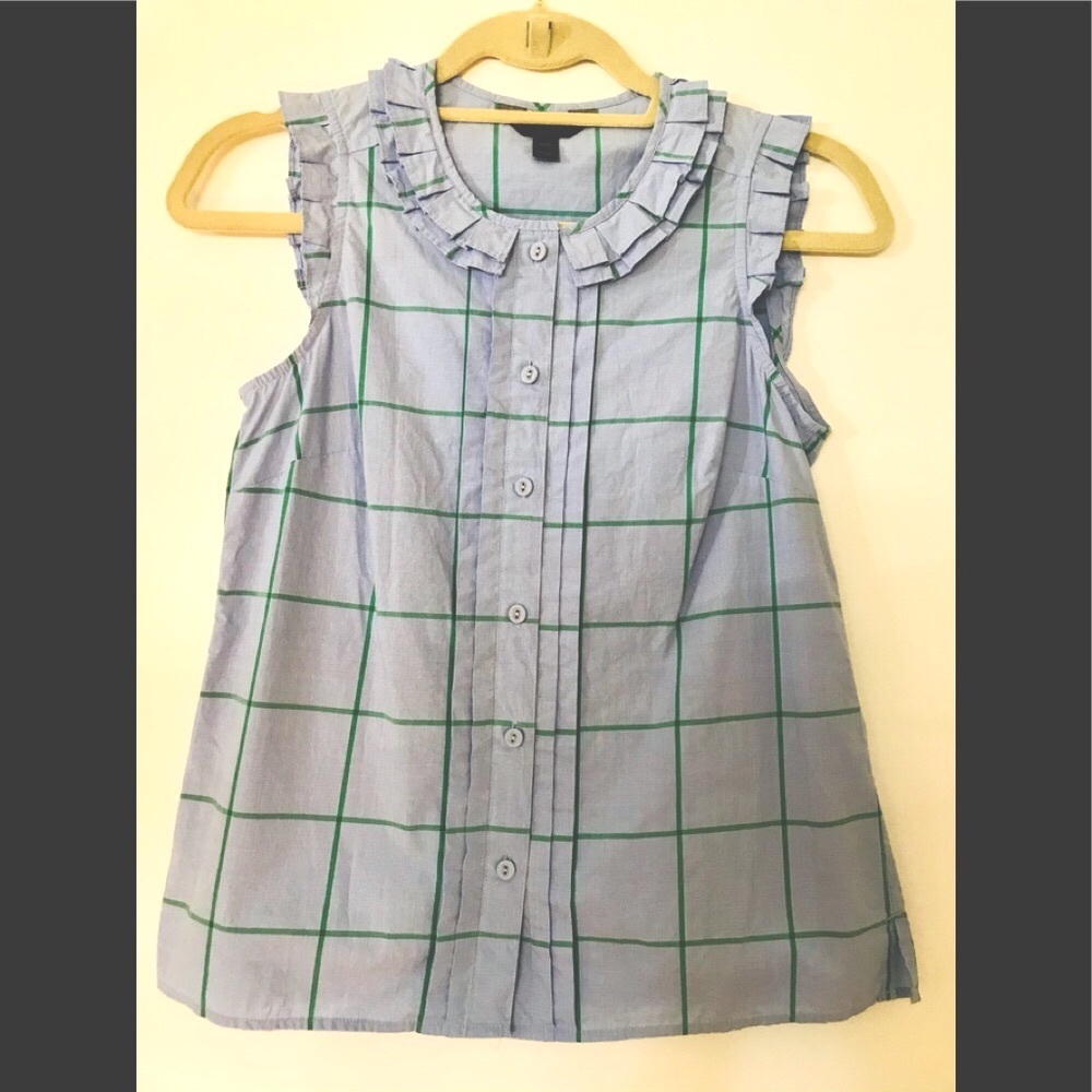 J. Crew sleeveless blouse, lt. blue w/green check